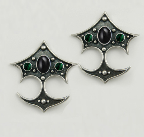 Sterling Silver Gothic Drop Dangle Earrings With Black Onyx And Malachite